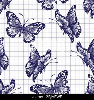Butterflies d'inchiostro disegno senza cuciture, insetti dentini, dipinto viola disegno grafico. Penna a sfera disegnata a mano in un notebook a scacchi, stilizzata Illustrazione Vettoriale