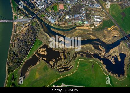 Foce rinaturata di Lippe nel fiume Reno, 01.04.2019, vista aerea, Germania, Renania settentrionale-Vestfalia, Area della Ruhr, Wesel Foto Stock