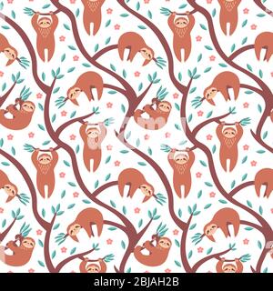 Modello tropicale senza cuciture con pendenze sui rami dell'albero. Animali e piante esotiche carini su sfondo bianco. Illustrazione vettoriale piatta. Illustrazione Vettoriale