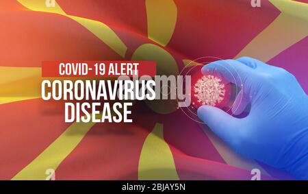 COVID-19 ALERT, coronavirus - testo tipografico della lettera. Concetto molecolare del virus medico con bandiera della Macedonia del Nord. Illustrazione 3D. Foto Stock