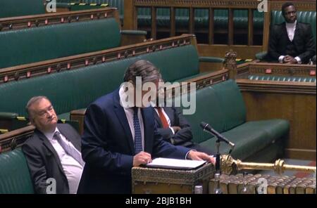 Screen grab del leader laburista Sir Keir Starmer che parla durante le Domande del primo Ministro alla Camera dei Comuni, Londra. Foto Stock