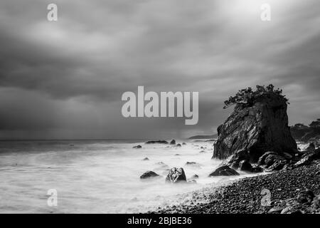 Bianco / nero, bello scenario di rocce e cielo drammatico sul mare con lunga esposizione, East mare, Gyeongju, Corea Foto Stock