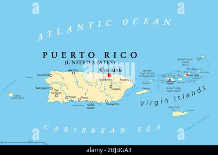 Porto Rico e Isole Vergini, mappa politica. Isole Vergini britanniche, spagnole e statunitensi. Foto Stock