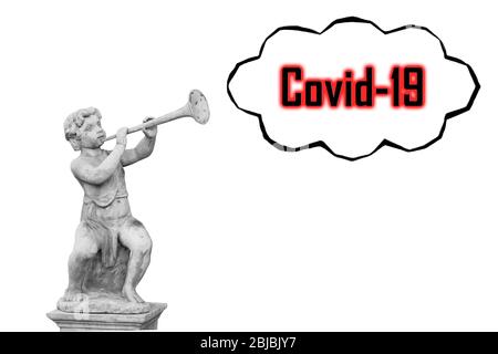 Ragazzo con statua corno per l'annuncio Concept Covid-19. Foto Stock