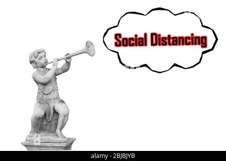 Ragazzo con statua corno per annuncio concetto di distanza sociale. Foto Stock