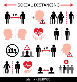 Distanza sociale durante pandemica o epidemica vettore icone colore impostato, mantenendo una distanza tra le persone aumentando lo spazio fisico tra le persone Illustrazione Vettoriale