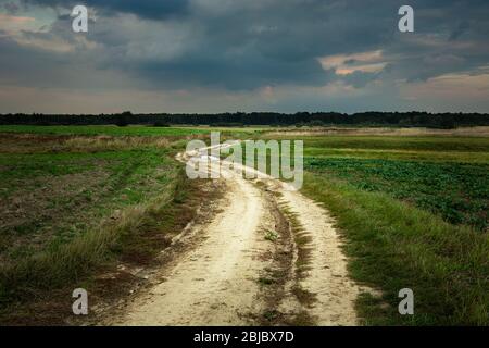 Strada sabbiosa tra prati verdi e campi, nuvole sera piovose scure Foto Stock