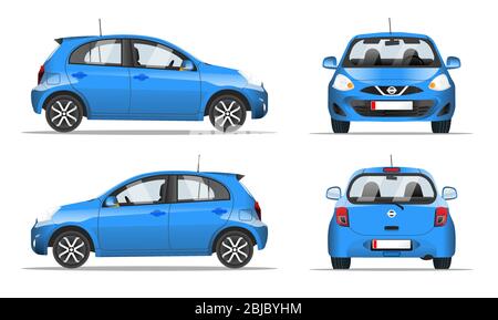 Mini auto blu lato, vista frontale e posteriore, stile piatto. Modello per sito Web, applicazione mobile e banner pubblicitari. Auto isolata su un bianco Illustrazione Vettoriale