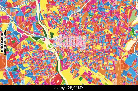 Mappa vettoriale colorata di Columbia, Carolina del Sud, Stati Uniti. Modello Art Map per autostampare opere d'arte murali in formato orizzontale. Illustrazione Vettoriale