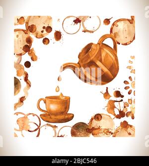 Caffè tazza di vernice, schizzi e harts isolato su sfondo. Cup tracciata versare il caffè con schizzi e blot. Illustrazione Vettoriale