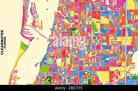 Mappa vettoriale colorata di Clearwater, Florida, USA. Modello Art Map per autostampare opere d'arte murali in formato orizzontale. Illustrazione Vettoriale