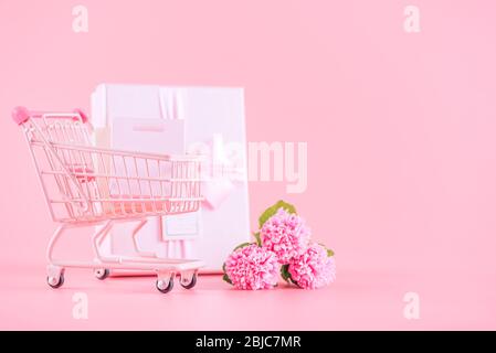 Festa della mamma concetto regalo design, rosa mazzo di fiori di garofano con scatola avvolta, carrello, borsa, isolato su sfondo rosa chiaro, copia Foto Stock