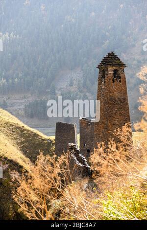 Caucaso, Georgia, regione di Tusheti, Dartlo. Vista su una torre medievale nel villaggio di Dartlo Foto Stock