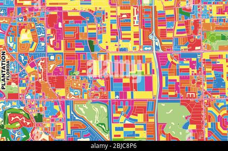 Mappa vettoriale colorata di Plantation, Florida, USA. Modello Art Map per autostampare opere d'arte murali in formato orizzontale. Illustrazione Vettoriale