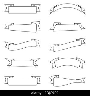 Collezione banner nastri in bianco e nero. Set banner Web Contour retro. Modello di layout dei nastri classici. Vacanze, festa. Stile piatto. Vettore il Illustrazione Vettoriale