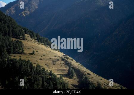 Caucaso, Georgia, regione di Tusheti, Dartlo. Casa solitaria sul lato di una montagna vicino Dartlo Foto Stock