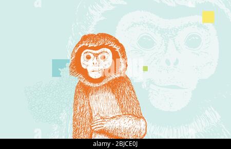 Javan Langur attento. Scimmia divertente, disegno a mano dettagliato, texture ricca. Illustrazione Vettoriale