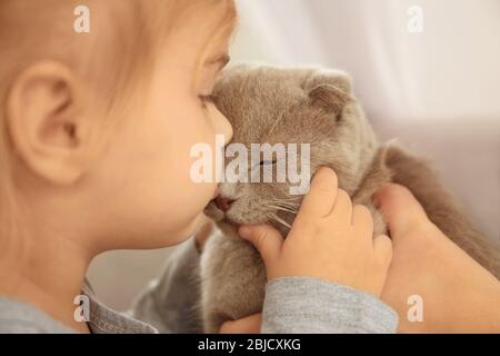 Primo piano di adorabile bambina baciare cute gatto Foto Stock