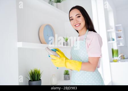 Ritratto di lei bella ragazza allegra allegra allegra facendo fare veloce lavoro domestico professionale pulizia delle cose responsabilità di tutti i giorni in moderno Foto Stock