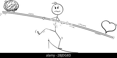 Figura del bastone del cartoon del vettore che disegnano l'illustrazione concettuale dell'uomo o dell'uomo d'affari che cammina sul cavo con la barra. Equilibrio tra cuore e cervello. Illustrazione Vettoriale