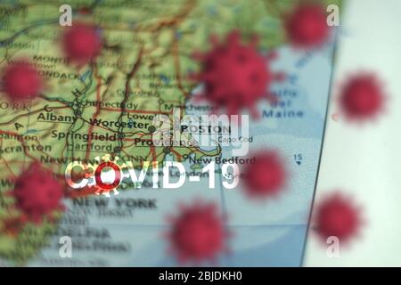 Focolaio di Covid-19 o nuovo virus Coronavirus, 2019-nCoV, sulla mappa degli Stati Uniti . Virus Covid 19-NCP: Contagio e propagazione della malattia a BOSTON. Pandemico Foto Stock