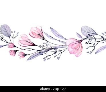 Bordo floreale acquerello. Ripetizione orizzontale senza giunture in ripetizione. Fiori trasparenti astratti. Illustrazione botanica disegnata a mano per matrimoni Foto Stock