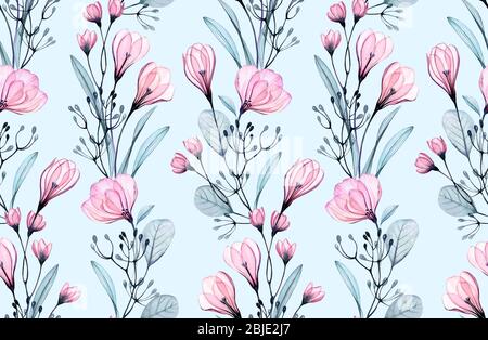 Motivo floreale senza cuciture acquerello. Piccole rose rosa e fiori di croco su sfondo turchese. Illustrazione disegnata a mano astratta per il disegno di nozze Foto Stock