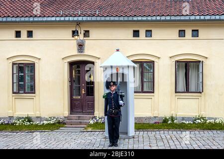 Oslo, Norvegia-27 luglio 2013: Entrata in servizio. Un soldato della guardia reale norvegese d'onore si erge con un fucile semiautomatico davanti al guardho Foto Stock