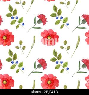Coloratissimo motivo senza cuciture con fiori di prato acquerello ed erbe su sfondo bianco Foto Stock