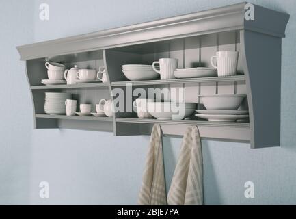 Mensole da cucina con stoviglie rustiche bianche Foto stock - Alamy