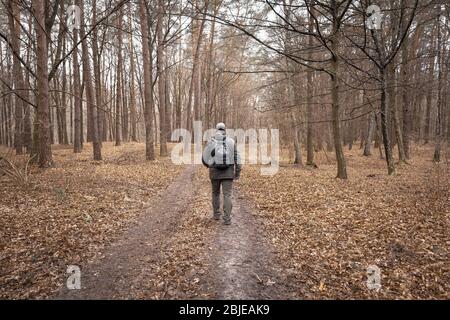 Un uomo con uno zaino che cammina attraverso la foresta d'autunno Foto Stock