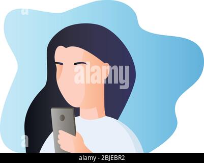 Ritratto di una donna con un telefono. Dipendenza dallo smartphone e da Internet. Reti sociali. Illustrazione piatta vettoriale Illustrazione Vettoriale