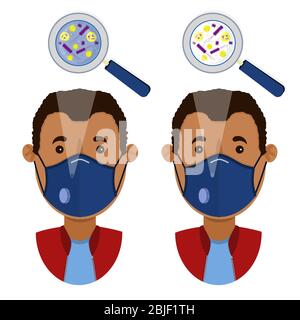 Uomo africano che indossa due tipi di maschere (maschera chirurgica facciale e respiratore N95) contaminate da microrganismo. Illustrazione Vettoriale