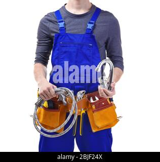 Idraulico con tubo flessibile e rubinetto su sfondo bianco Foto Stock