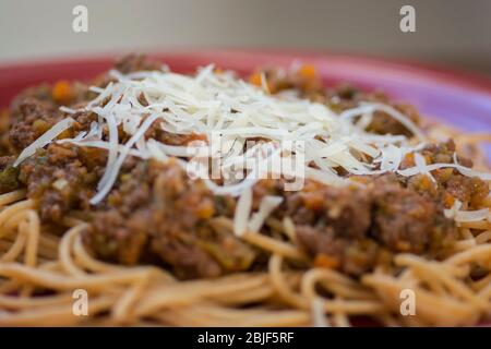 Da vicino si può ammirare un tradizionale piatto fatto in casa agli Spaghetti Bolognese in un piatto rosso con parmigiano Foto Stock