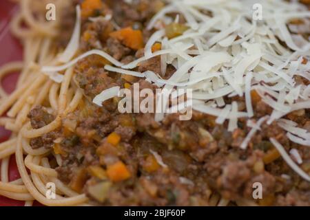 Da vicino si può ammirare un tradizionale piatto fatto in casa agli Spaghetti Bolognese in un piatto rosso con parmigiano Foto Stock
