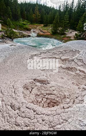 Paintpot Hill, argilla calda idrotermale presso i Paintpot dell'artista. Vapore acido che causa le rocce per dissolversi in argilla chiamati mudpot. Foto Stock