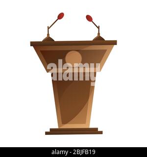 Podio altoparlante con microfoni isolati design cartoon. Tribuna per dibattito o conferenza stampa illustrazione vettoriale in stile piatto Illustrazione Vettoriale