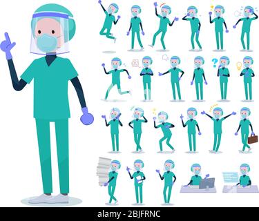 Un set di dottore indossando N95mask maschera facciale con chi esprime varie emozioni.ci sono azioni relative ai luoghi di lavoro e personal computer.IT's. Illustrazione Vettoriale
