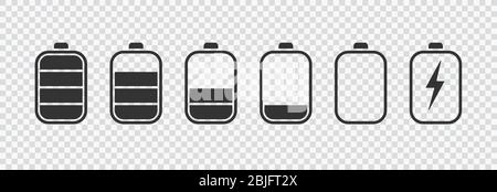 Icone della batteria impostate. Icona dell'indicatore di carica della batteria. Livello di energia della batteria. Icona di carica della capacità della batteria alcalina. Tipo piatto - vettore di stock eps 10 Illustrazione Vettoriale