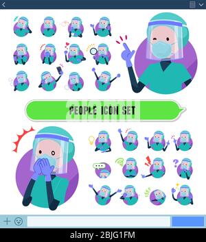 Un set di dottore indossato N95mask maschera viso con esprime varie emozioni sullo schermo SNS.ci sono variazioni di emozioni come gioia e triste Illustrazione Vettoriale