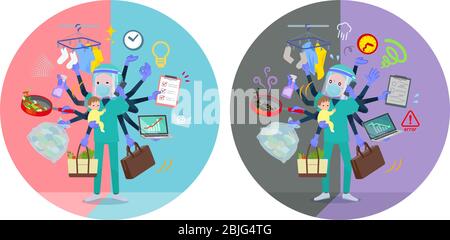 Un set di dottore che indossa la maschera N95mask facciale che svolgono il multitasking in ufficio e private.There sono cose da fare senza problemi e un modello che è Illustrazione Vettoriale