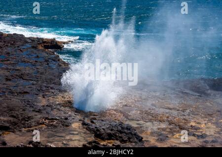 Potente foro di soffiaggio a Kauai, Hawaii. Foto Stock