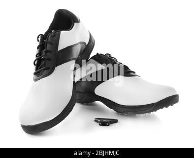 Scarpe da golf moderne su sfondo bianco Foto Stock