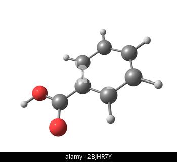 L'acido benzoico (C7H6O2) è un solido cristallino incolore e un acido carbossilico aromatico semplice Foto Stock