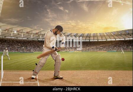 Battitore in azione in una partita di cricket Foto Stock