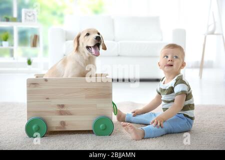 Carino bambino e Labrador Retriever giocare con il carrello giocattolo in legno a casa Foto Stock