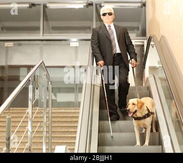 Uomo cieco con cane guida sulla scala mobile Foto Stock