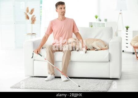 Uomo cieco con cane guida seduto sul divano a casa Foto Stock