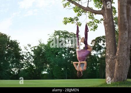 Donna che pratica yoga aereo sull'albero nel parco Foto stock - Alamy